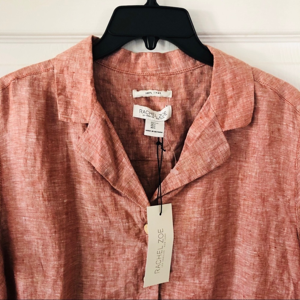 NWT RACHEL ZOE pink 100% linen button up half cropped blouse size large - Picture 3 of 9